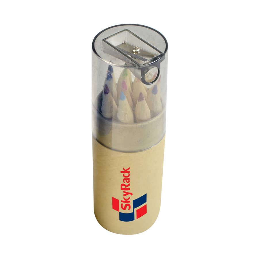 A pencil set featuring coloured pencils in a transparent case with a sharpener at the top and a logo on the side.
