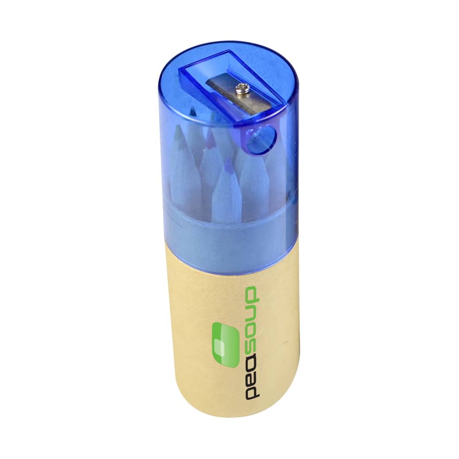 A pencil set featuring multiple coloured pencils in a clear blue container with a sharpener on top.