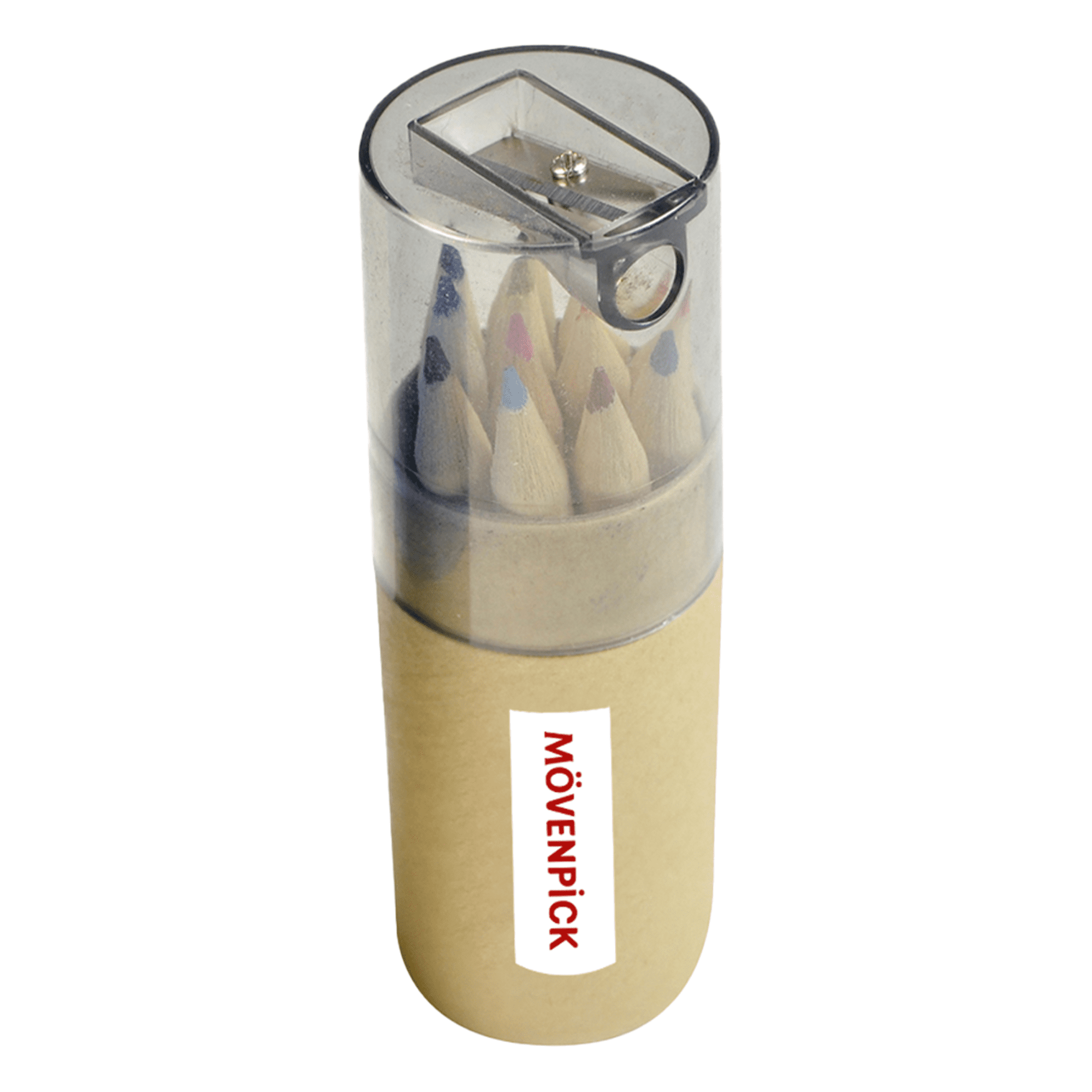 A 2 in 1 pencil set featuring coloured pencils in a clear container with a built-in sharpener and a logo.