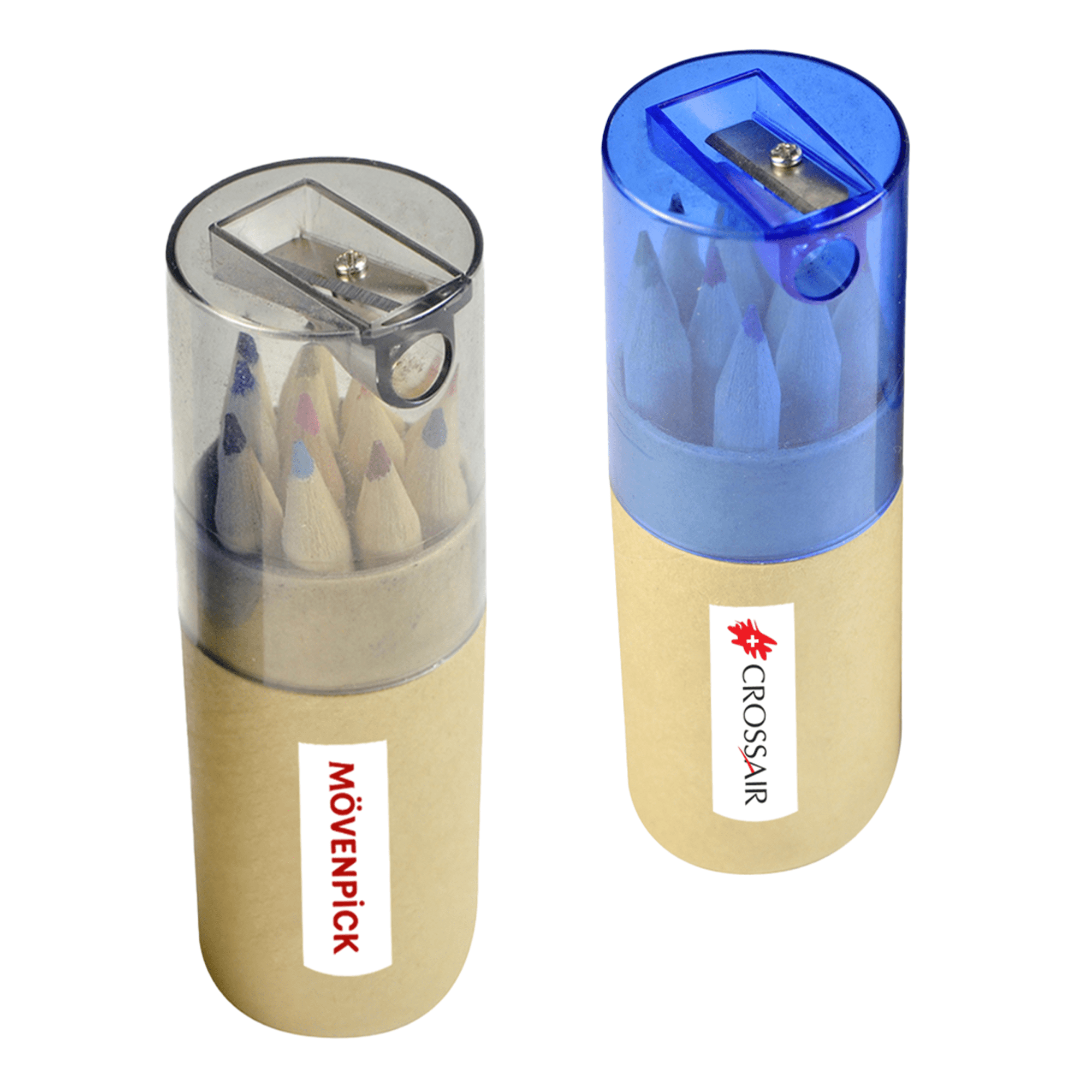 A 2 in 1 pencil set featuring coloured pencils in a clear container with a sharpener, including branding elements.