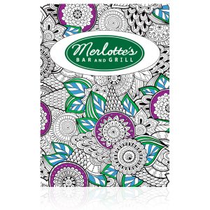 A5 colouring book featuring intricate floral designs in purple and green, with a logo and Australian Made label.