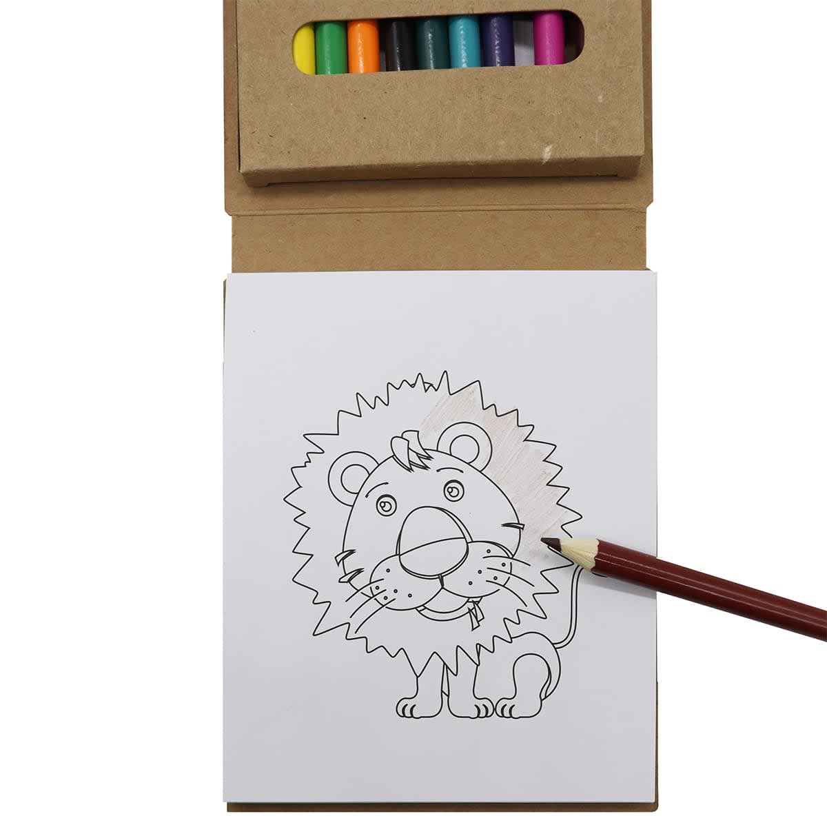 A notepad set featuring a lion illustration and a coloured pencil set, housed in a kraft paper cover.