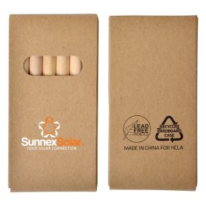 A pack of coloured pencils in a recycled cardboard case featuring a logo. The pencils inside are natural wood colour.