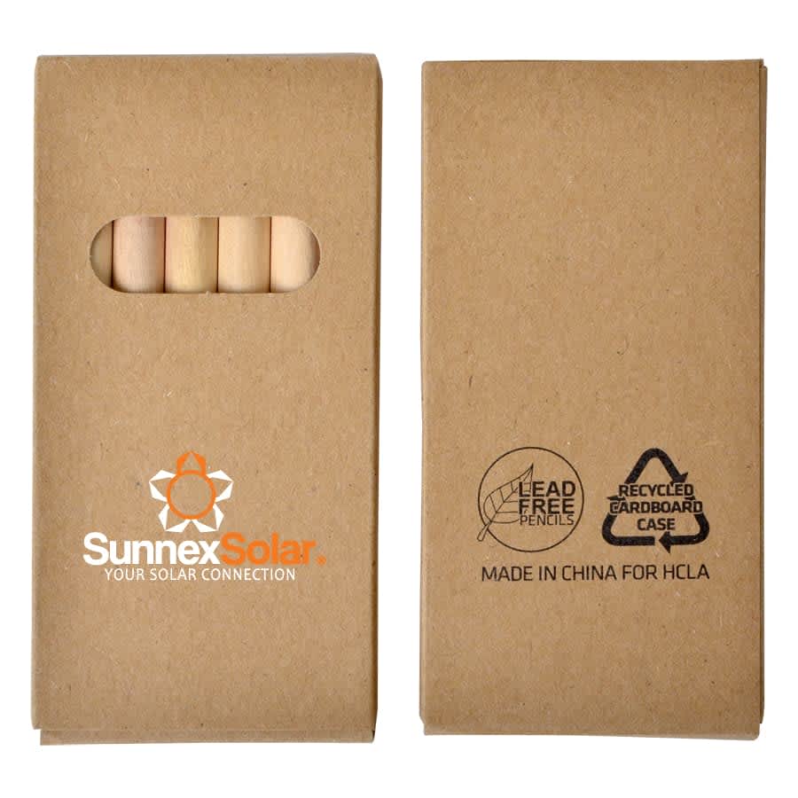 A pack of coloured pencils in a recycled cardboard case featuring a logo. The pencils inside are natural wood colour.