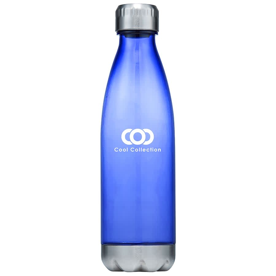 A drink bottle in blue with a metallic silver base, featuring a logo on the front.