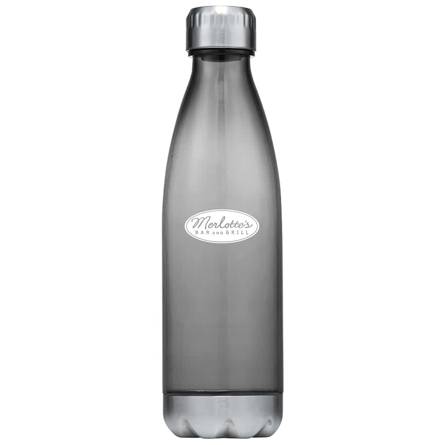 A drink bottle made of grey plastic with a sleek design and a metallic cap, featuring a logo.