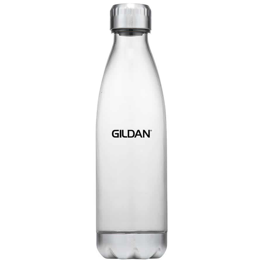 A drink bottle in clear plastic with a silver cap and a logo on the side.