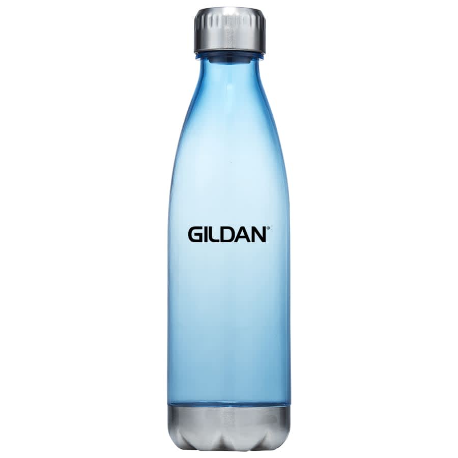 A drink bottle in blue plastic with a silver lid and a logo on the front. Suitable for holding 700ml of liquid.