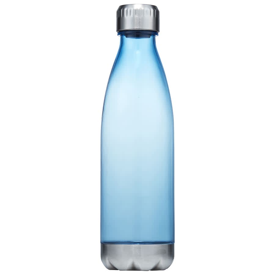 A drink bottle in a translucent blue colour with a silver stainless steel lid and a logo on its side.