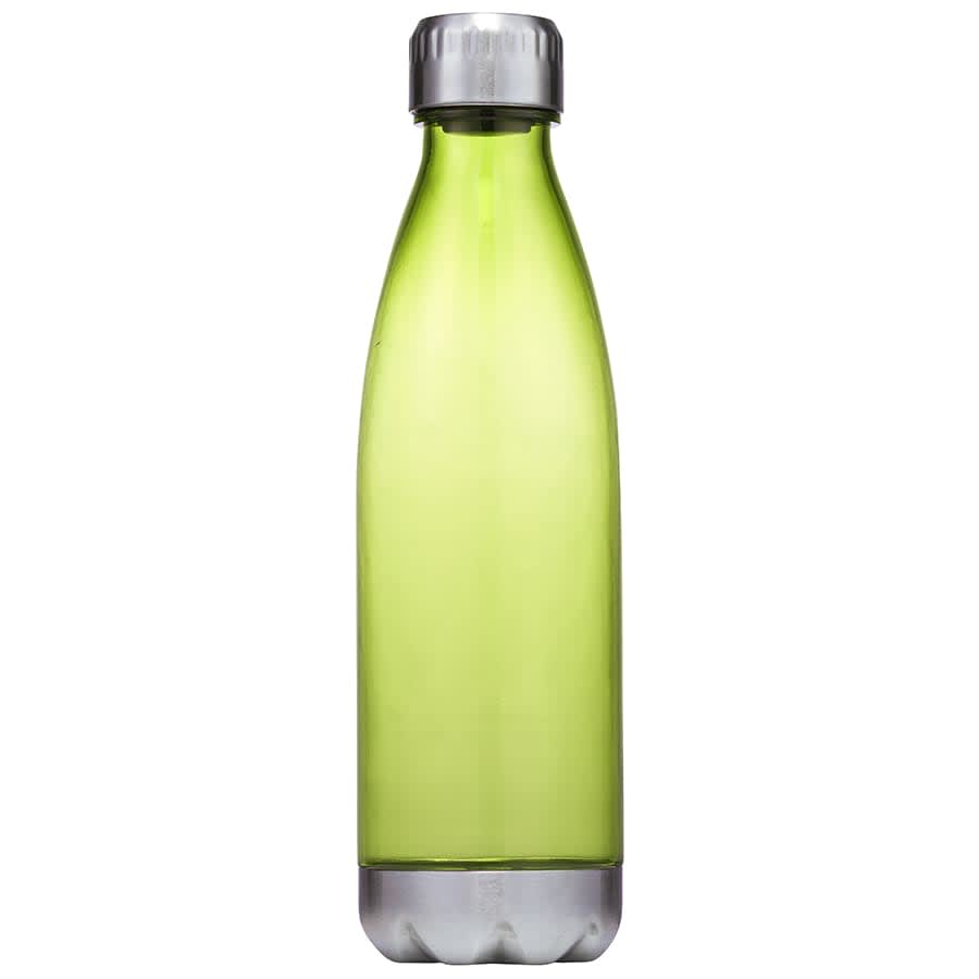 A drink bottle in bright green plastic with a silver base and a silver screw cap. It features a logo.