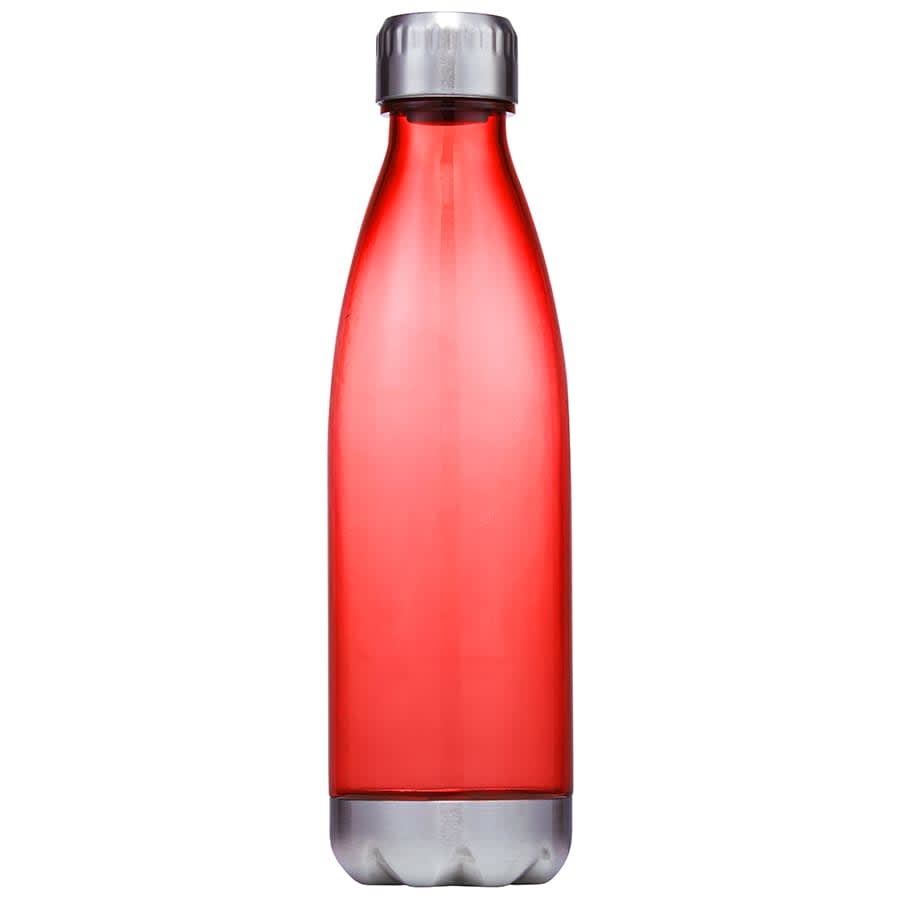 A drink bottle with a sleek design in bright red, featuring a silver cap and base. The bottle has a logo.