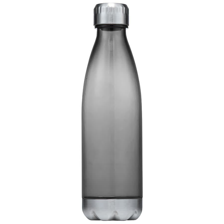 A drink bottle featuring a sleek, grey design with a silver cap and a logo.