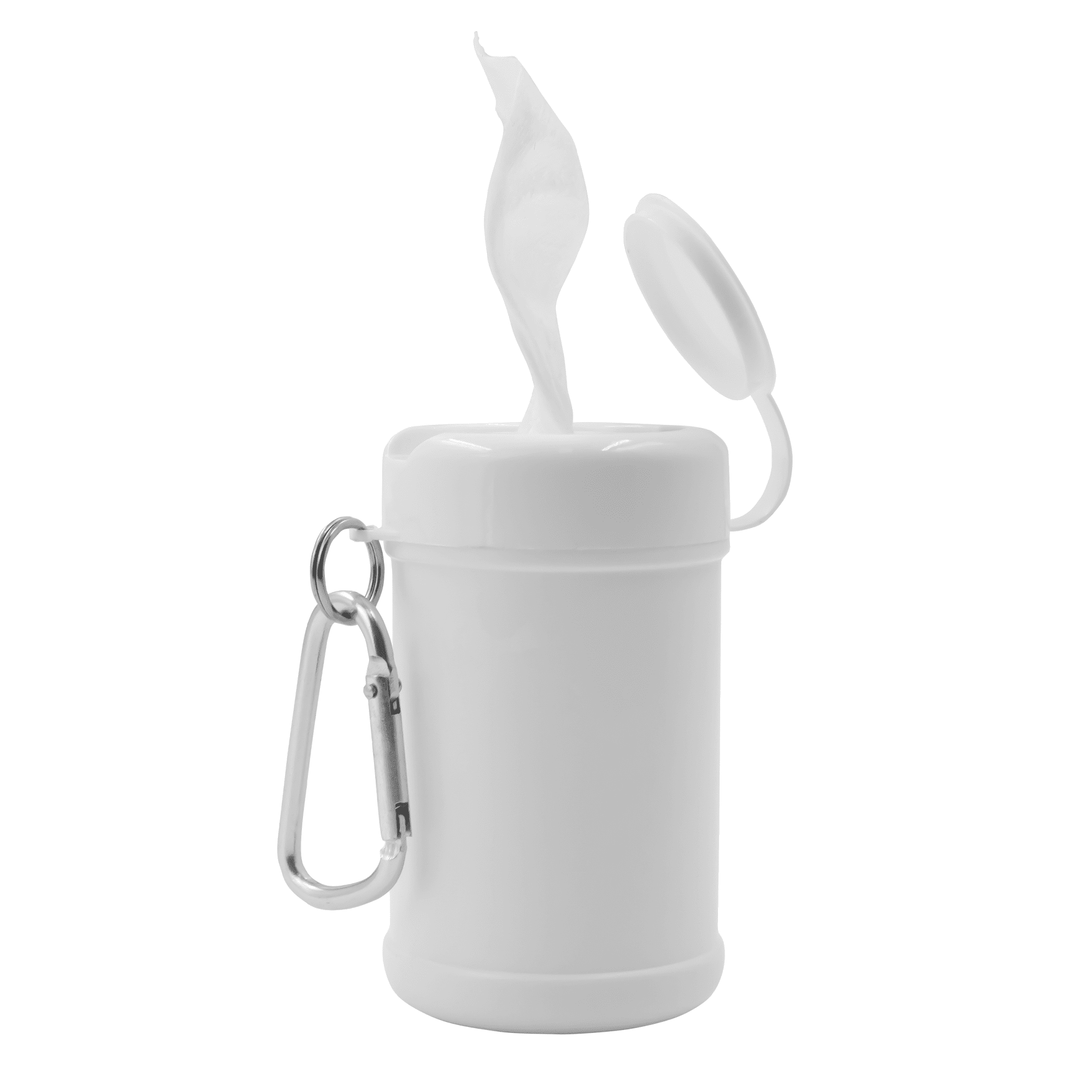 A white antibacterial wipes canister with a flip-top lid and a carabiner attachment.