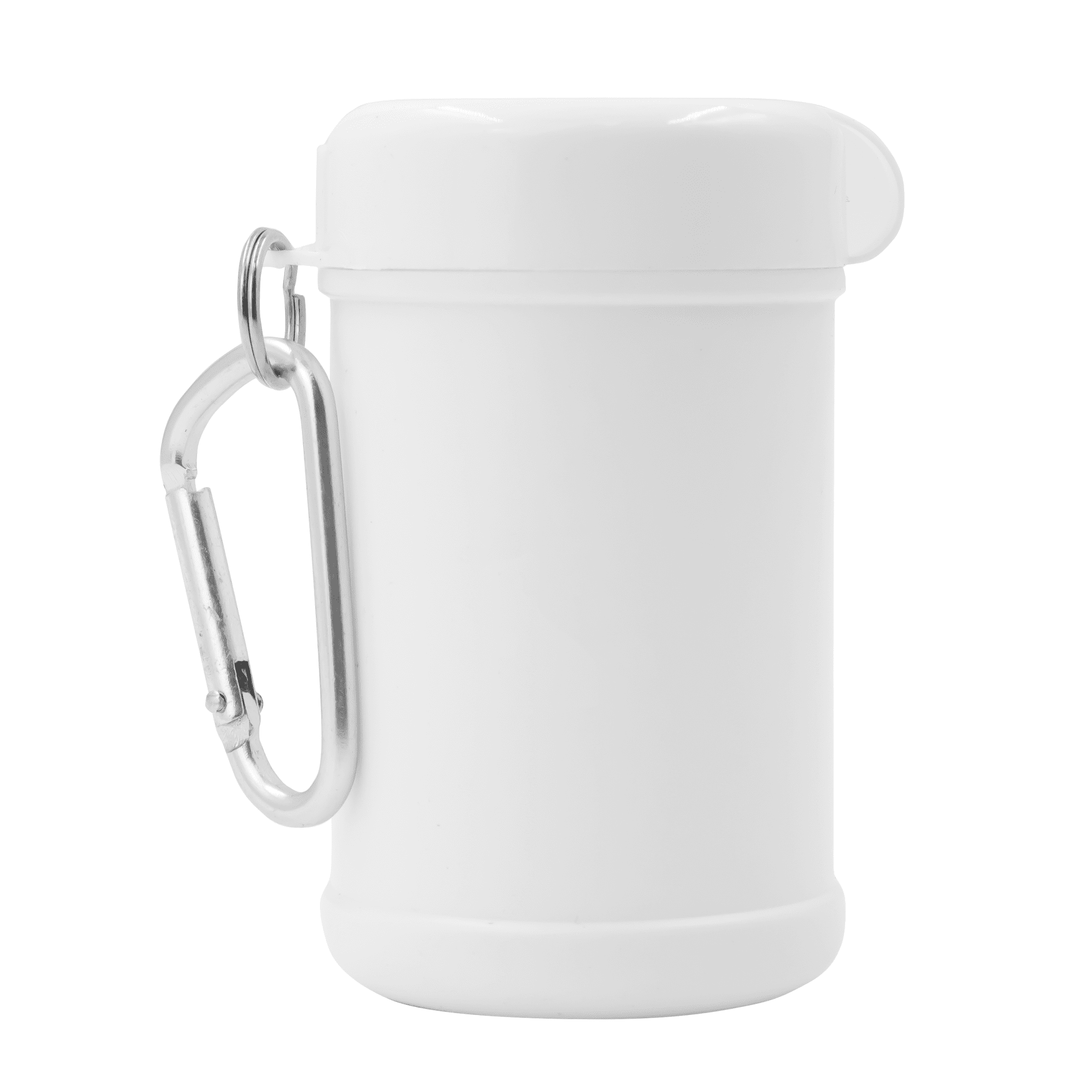 A white canister with a silver carabiner, designed for antibacterial wipes. Features a smooth, rounded design.