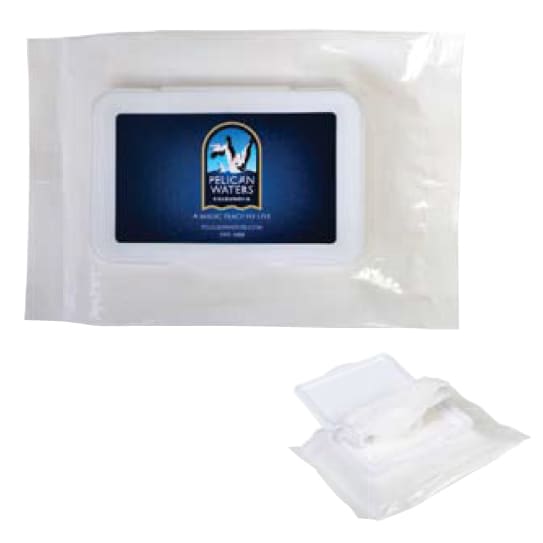 A packet of antibacterial wipes, featuring a white container with a blue logo, sealed in clear packaging.
