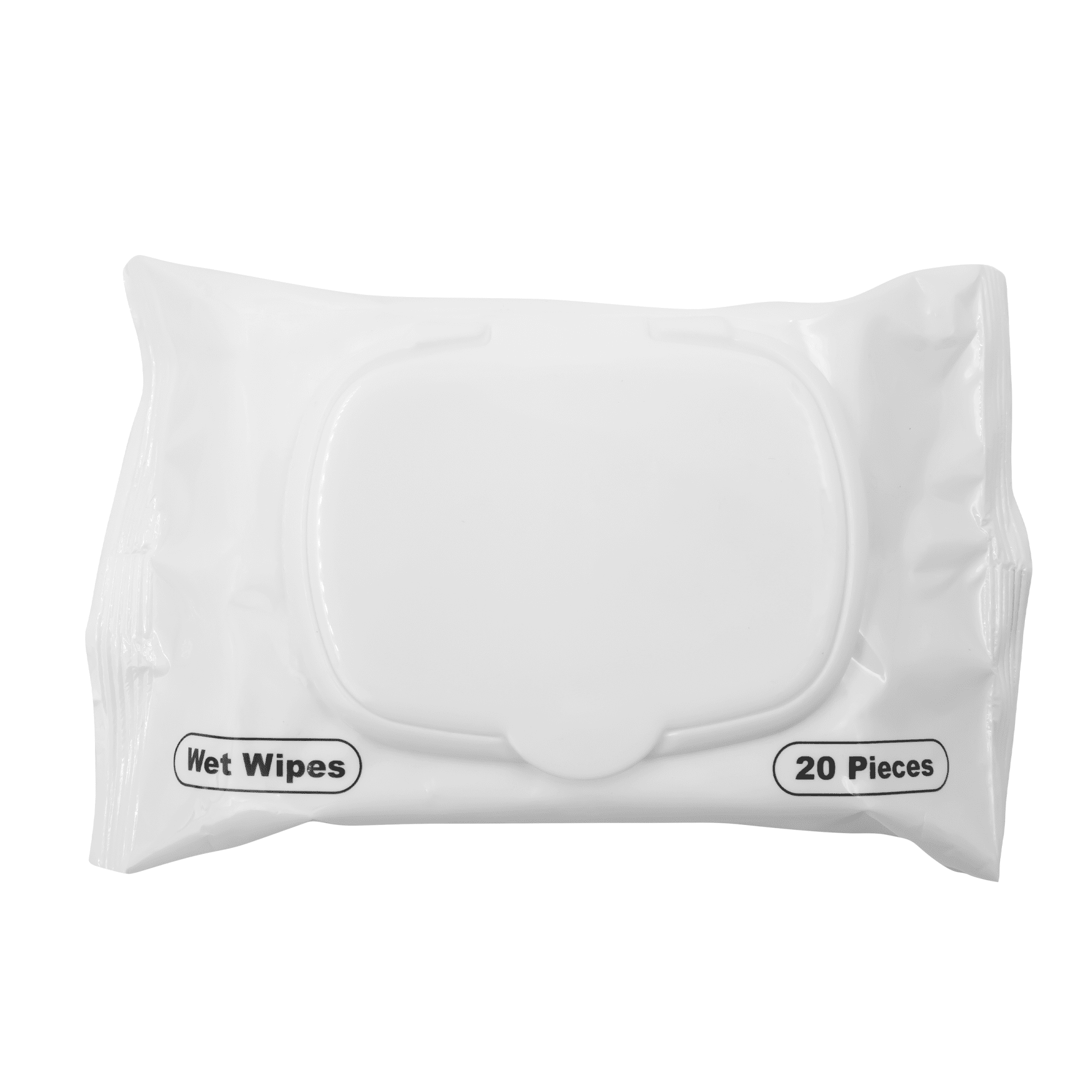 A white packet of antibacterial wipes containing 20 pieces. The packet has a lid and features a logo.