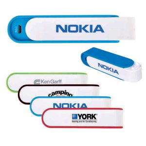 A collection of Slider Power Banks in various colours, featuring branding on each device.