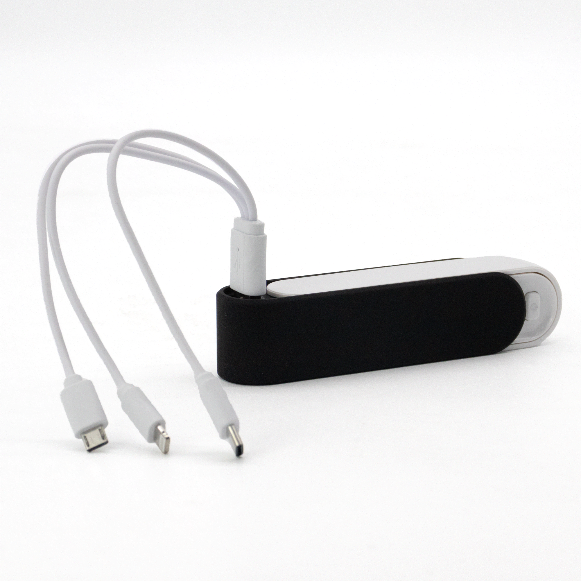 A black and white Slider Power Bank (2,200 mAh) with two attached charging cables.