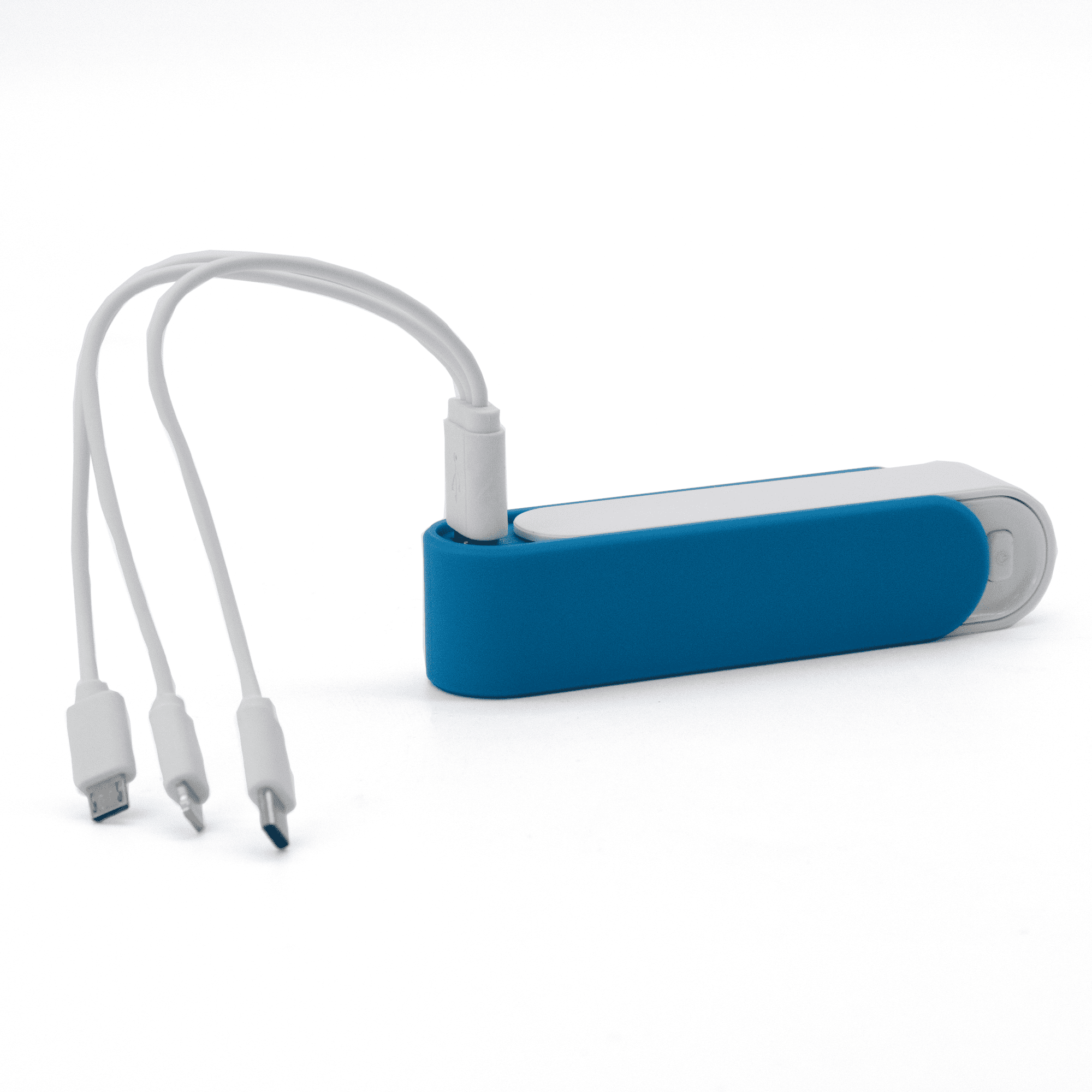 A blue and white power bank with integrated cables, featuring a logo. Designed for charging devices on the go.