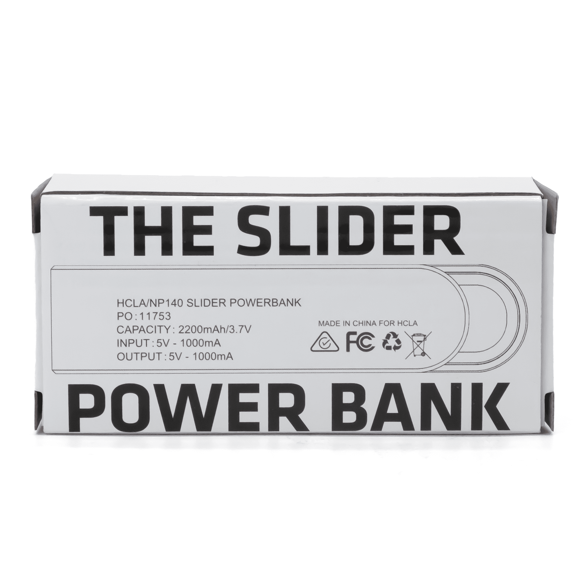 A power bank packaging in white with accents, featuring a logo and product details, designed for mobile devices.