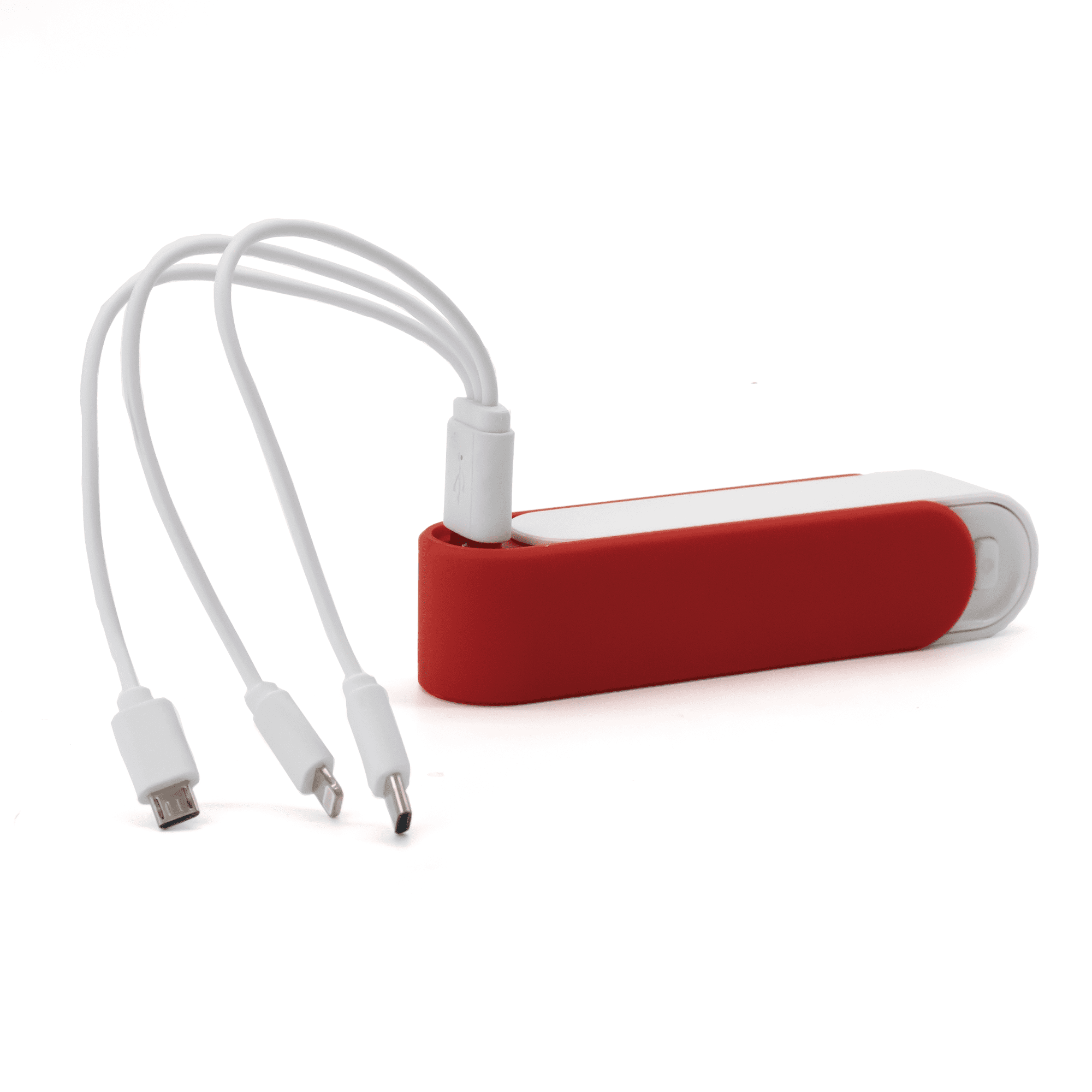 A red and white power bank with integrated charging cables in a sleek design. It includes micro USB and lightning connectors.