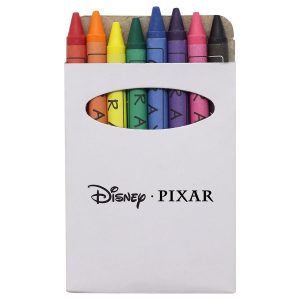 A set of vibrant crayon pencils in a box featuring various colours, including orange, yellow, green, blue, purple, and pink.