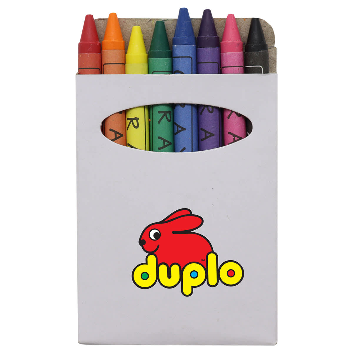 A box containing a set of multi-coloured crayons, featuring shades like orange, purple, and green, with a logo on the front.