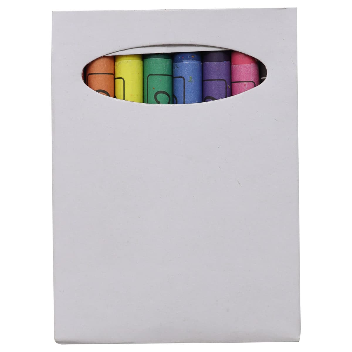 A set of eight brightly coloured crayon sticks in a white packaging with an oval cutout.