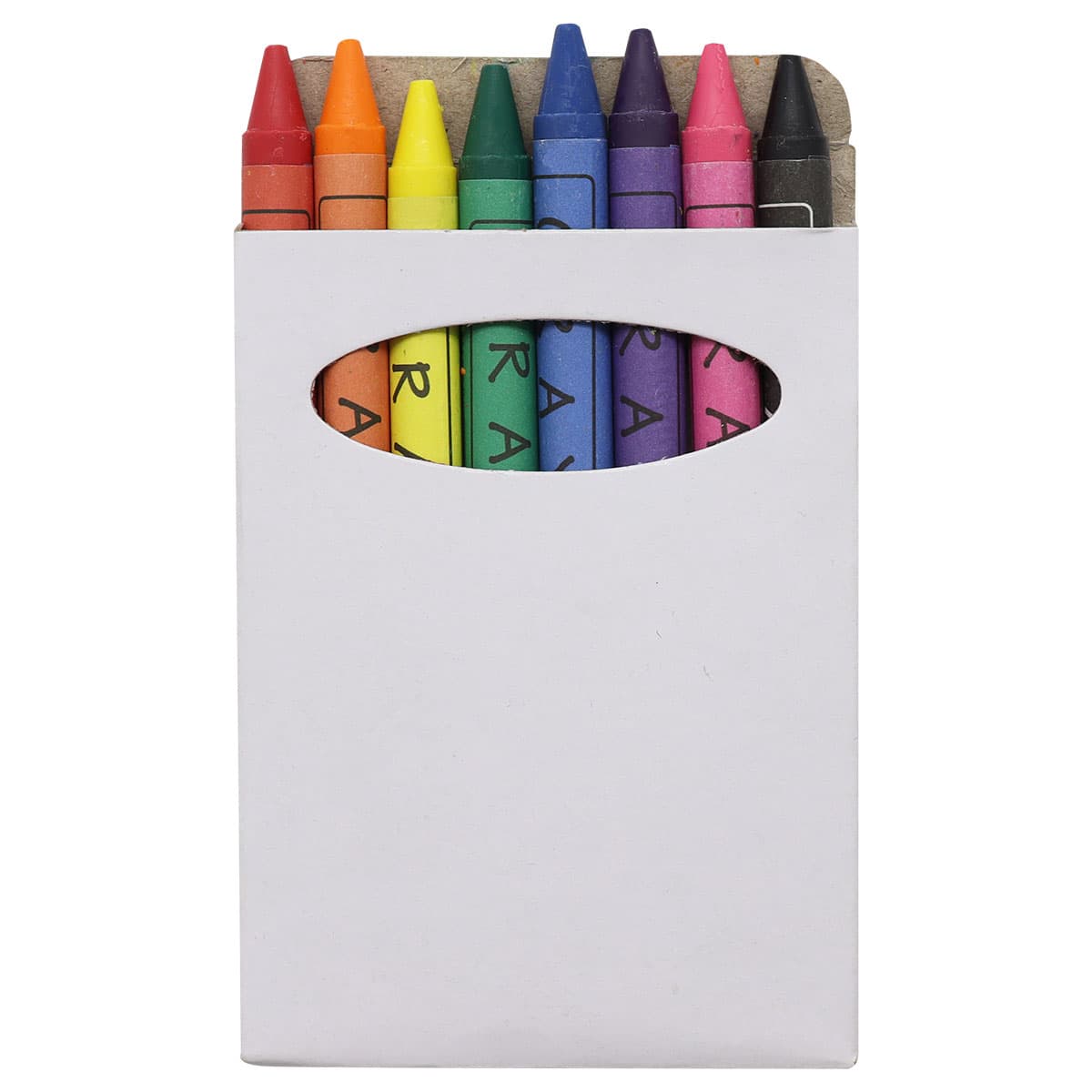 A set of colourful crayon sticks arranged in a white holder, featuring shades of orange, yellow, green, blue, purple, and red.