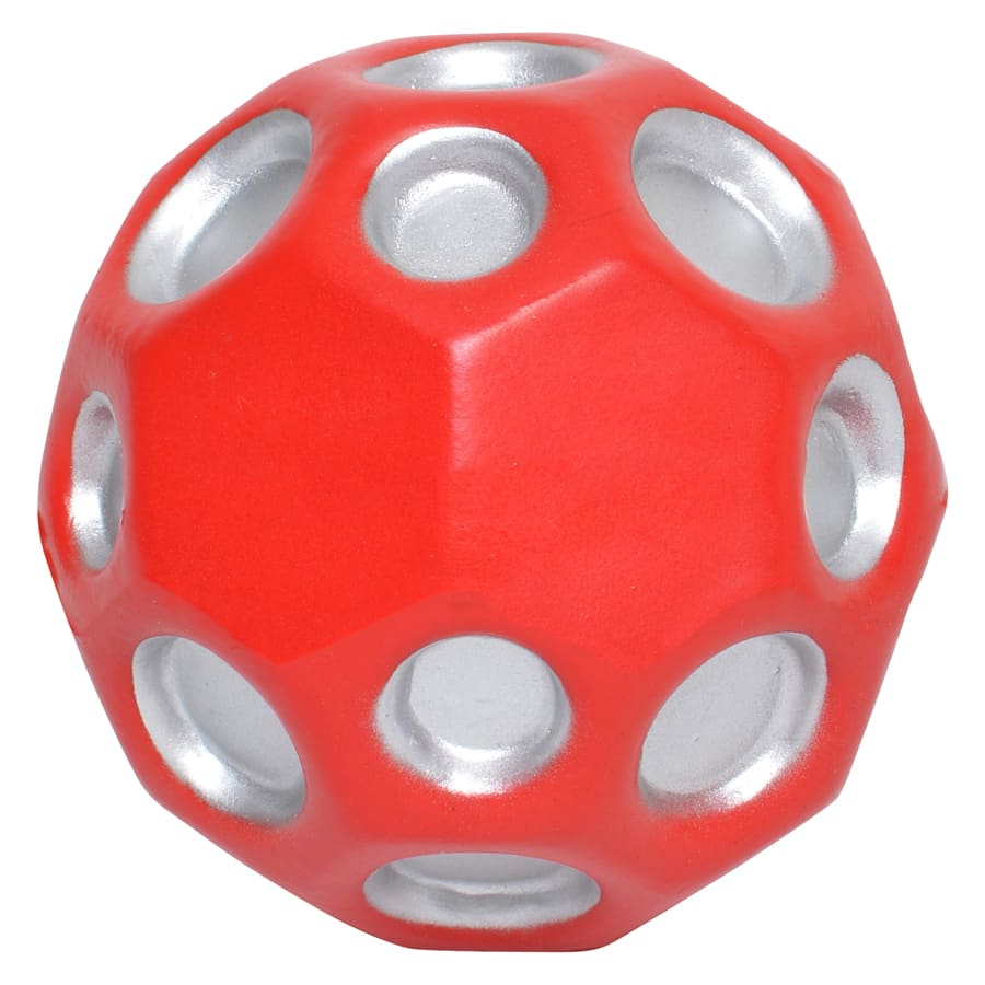 A red and silver high bounce ball with multiple holes, designed for fun and games. It has a logo on the surface.