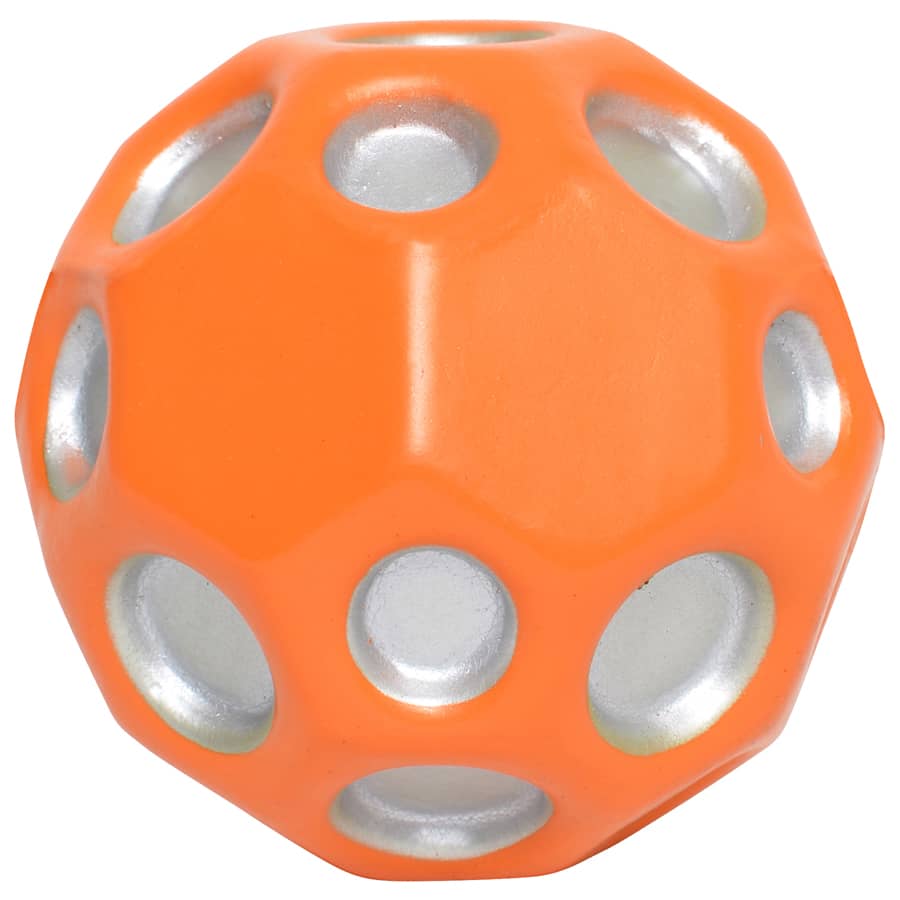 An orange high bounce ball with silver accents and multiple holes, featuring a logo on its surface.