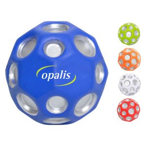 A blue high bounce ball with silver accents, featuring holes and a logo, alongside orange, white, and green versions.