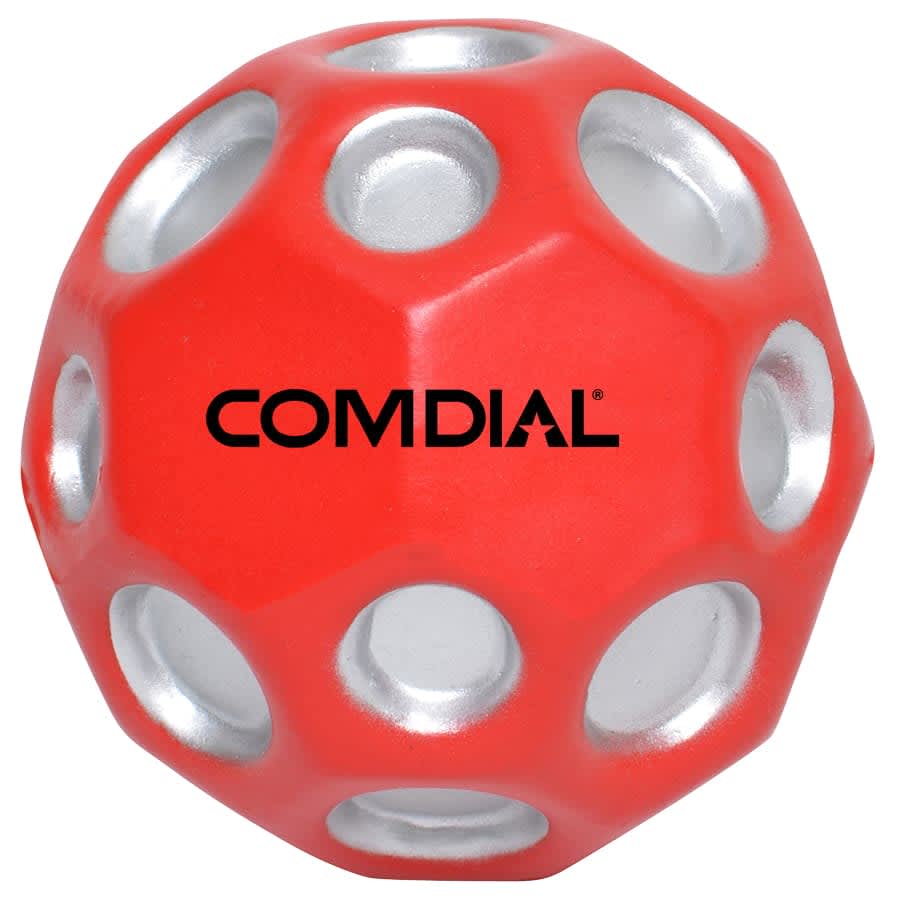 A red high bounce ball with silver accents and holes, featuring a logo.