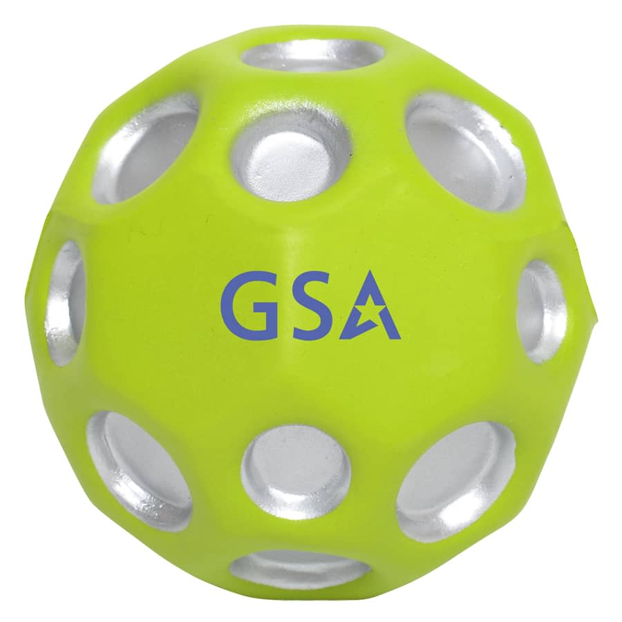 A bright green high bounce ball with silver holes and a logo printed on the surface.