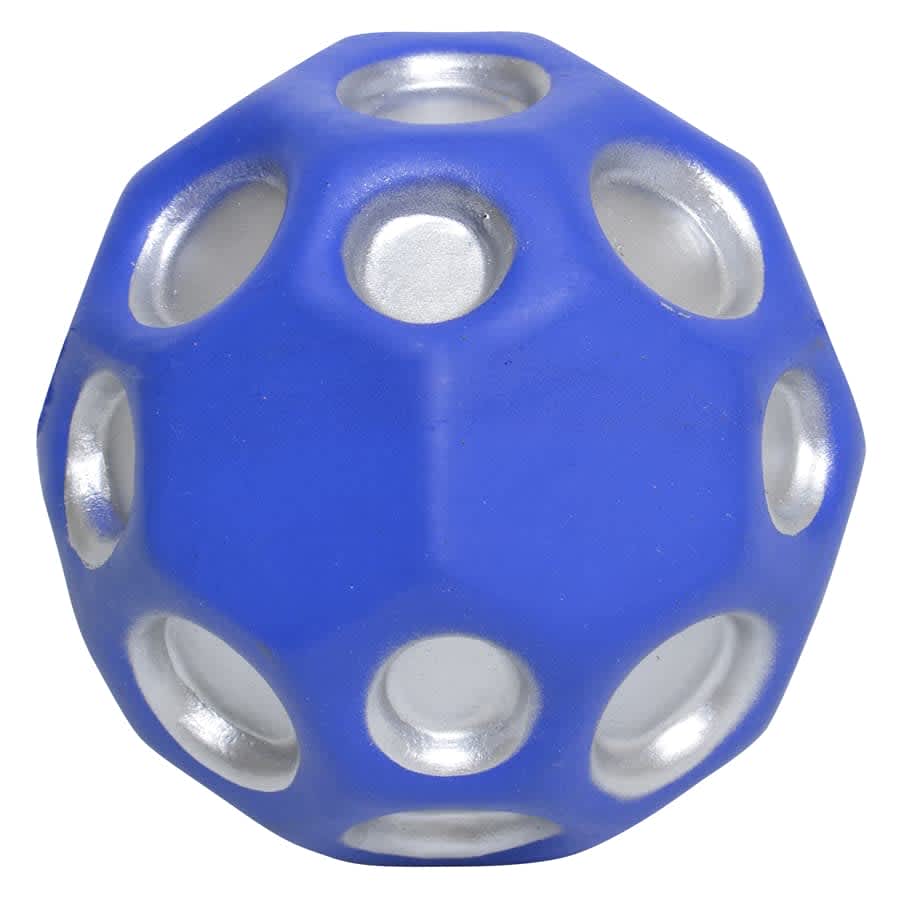 A blue and silver high bounce ball with multiple holes, designed for fun and entertainment.