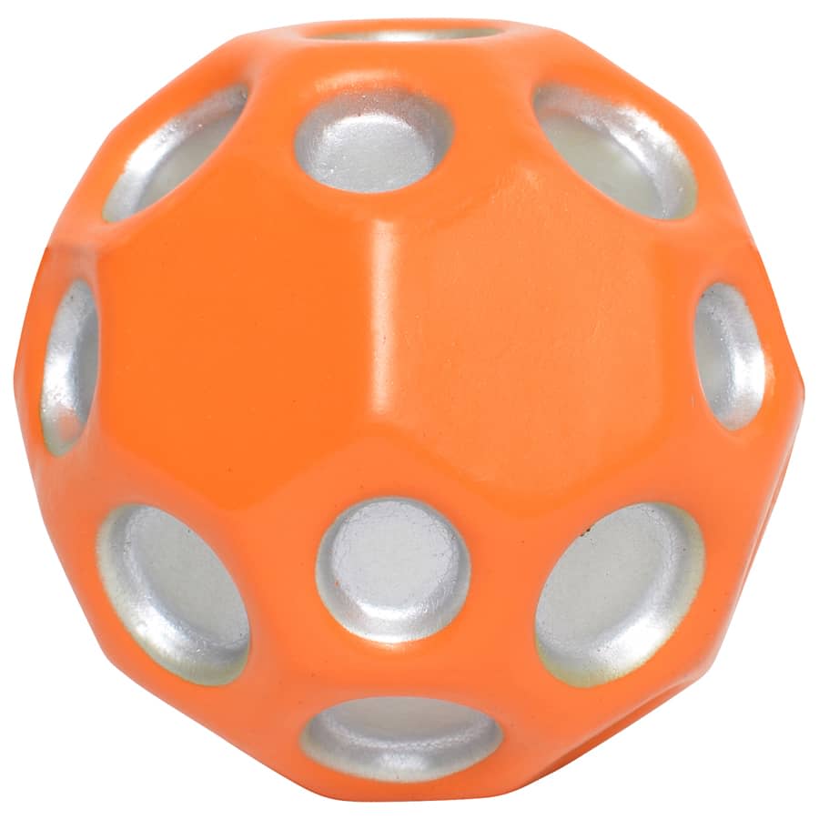 An orange high bounce ball with silver accents and hollow hexagonal openings. It has a smooth surface.