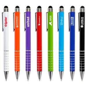 A collection of eight stylus pens in various colours, featuring different logos and chrome accents.