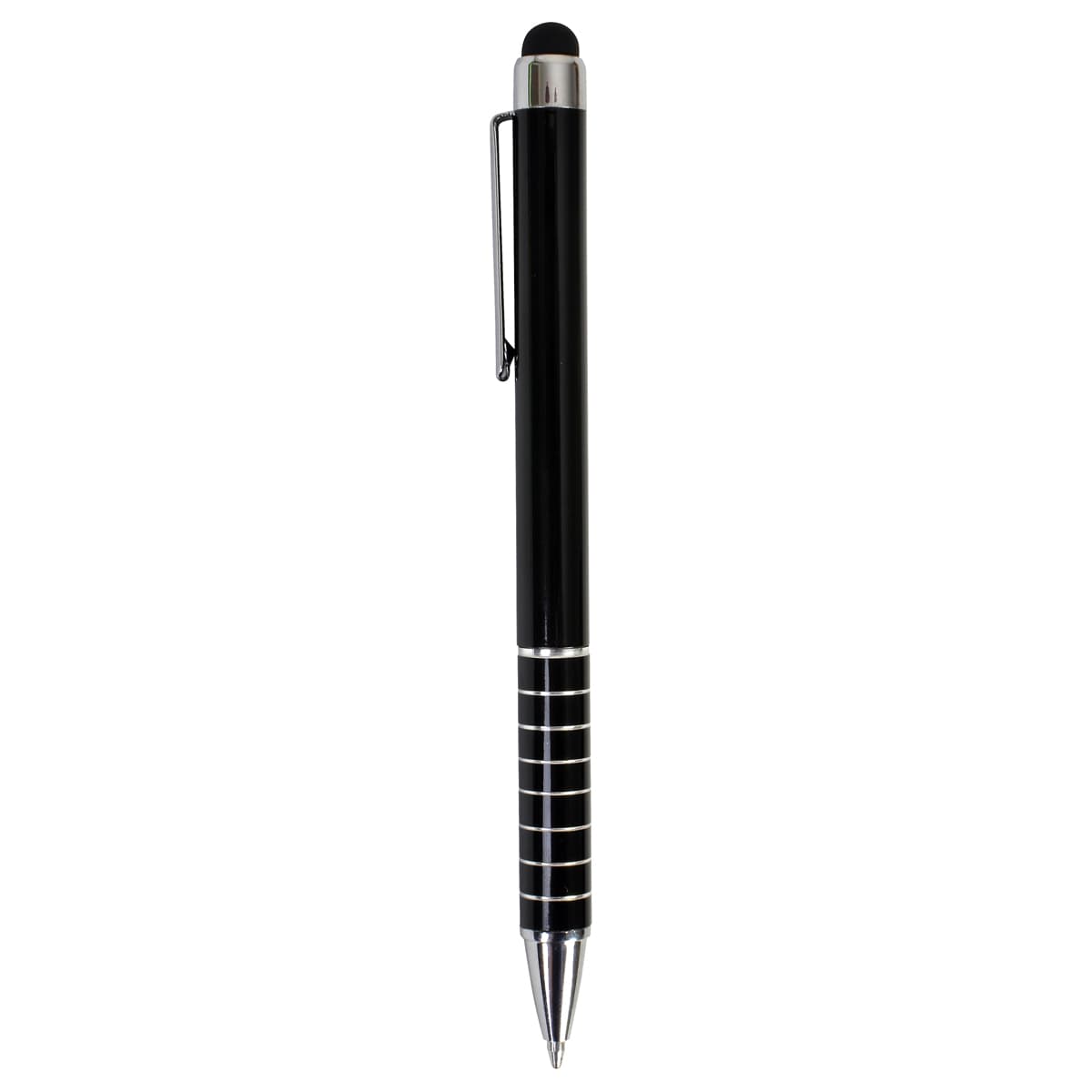 A sleek black stylus pen with silver detailing and a clip. Features a rubber tip for touchscreen use.