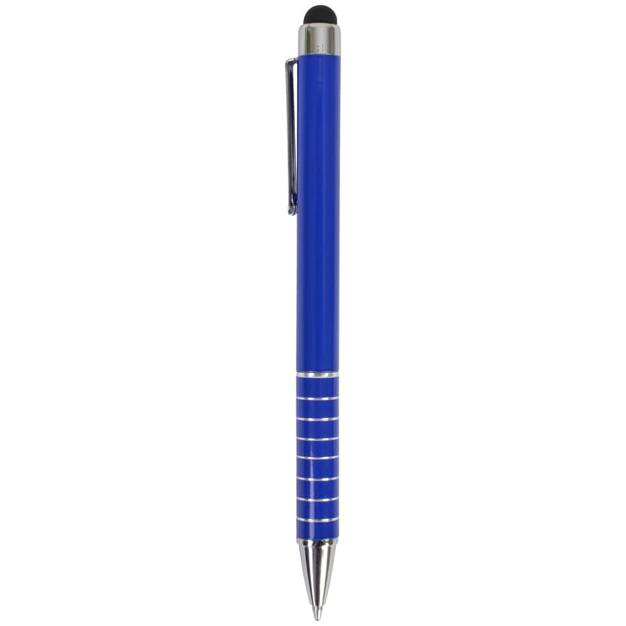 A blue stylus pen with a chrome accent and a branding logo on the body.