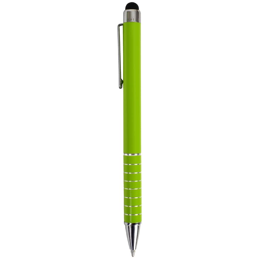 A green Malibu stylus pen featuring a sleek design and a silver clip with a logo.