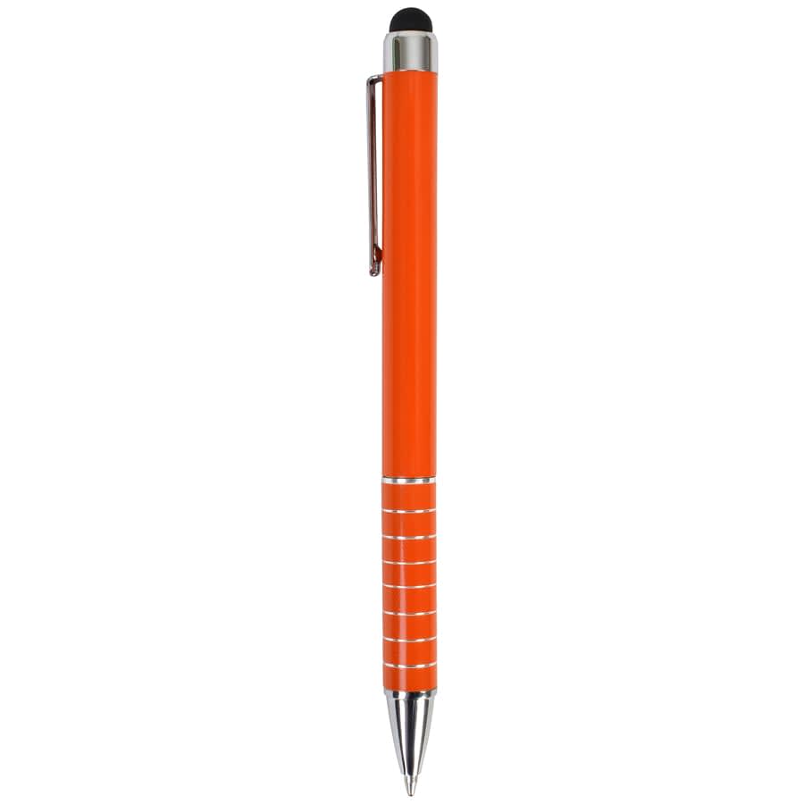 An orange stylus pen with silver accents and a clip, featuring a smooth grip section near the tip.
