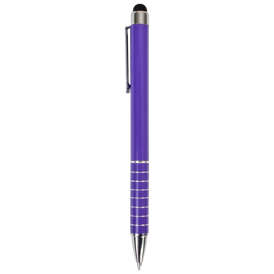 A purple stylus pen with a silver clip and grip section, featuring a touch tip on the end.