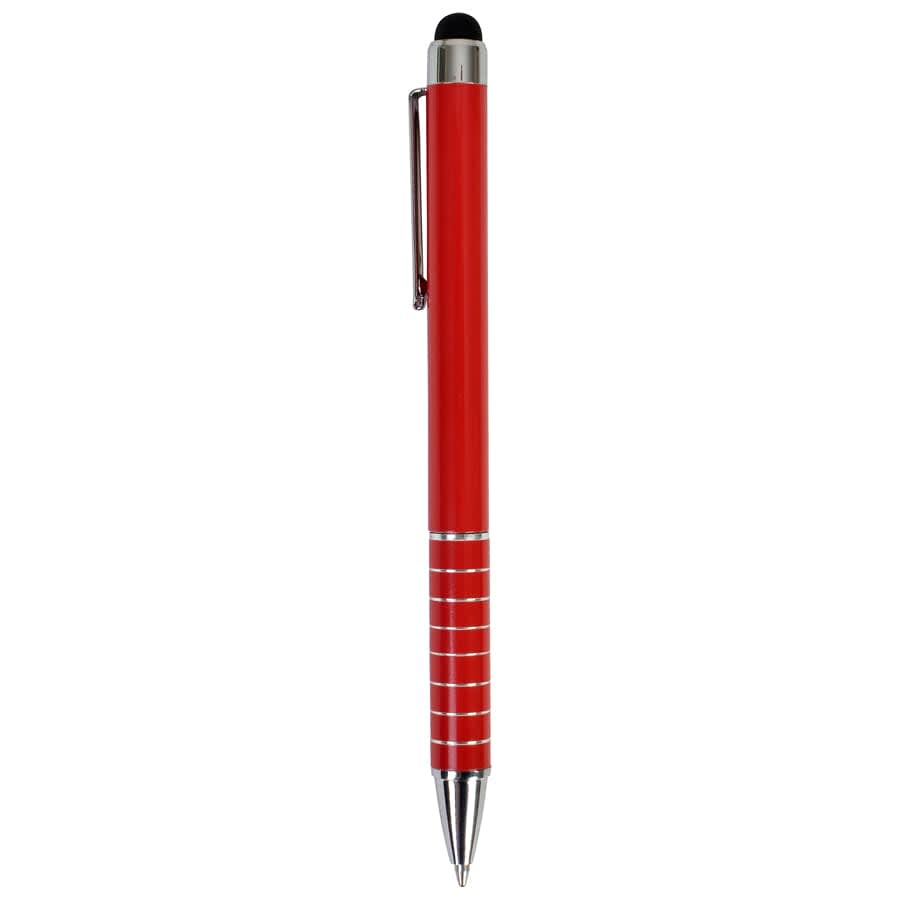 A red stylus pen with a chrome finish and a clip, featuring a tactile tip for touchscreens.