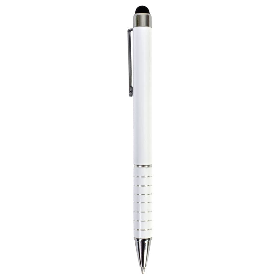 A white stylus pen with a chrome clip and grip detailing, featuring a logo on the body.
