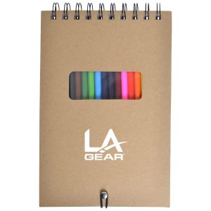 A spiral-bound notebook with a kraft cover featuring a transparent window displaying several colourful markers inside.