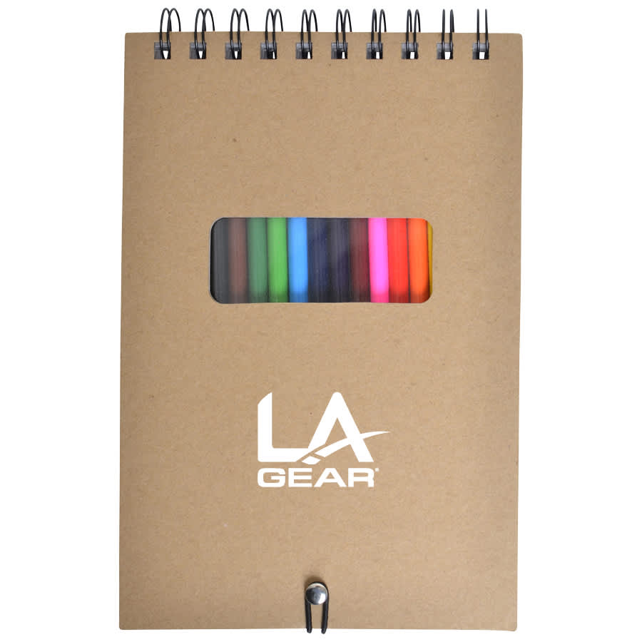 A spiral-bound notebook with a kraft cover featuring a transparent window displaying several colourful markers inside.