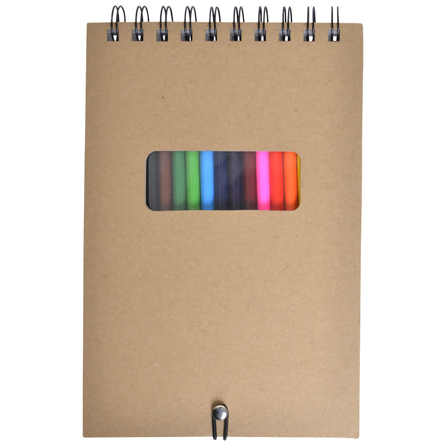 A brown spiral notebook with a transparent window displaying colourful markers inside.