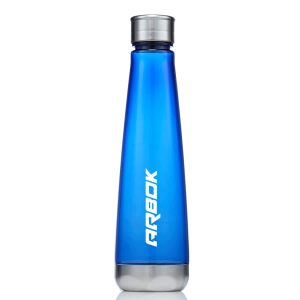 A drink bottle in a sleek blue design with a metallic cap and a logo on the side.