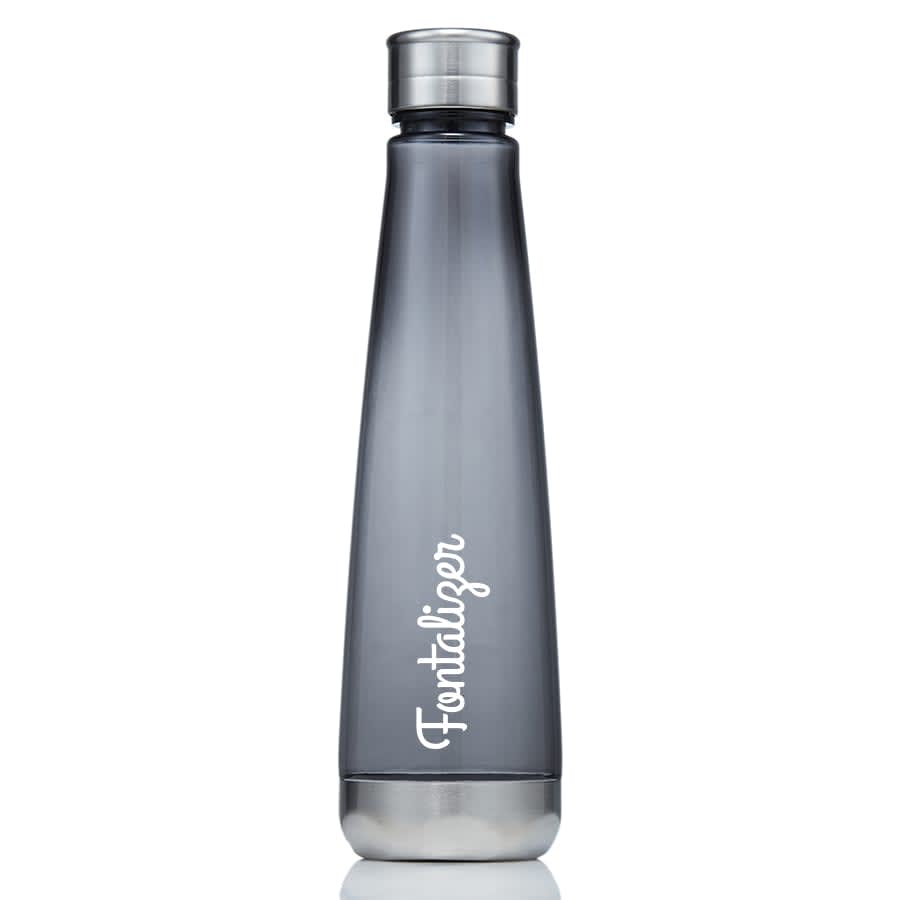 A drink bottle in a sleek grey design with a metallic top and a logo visible on the body.