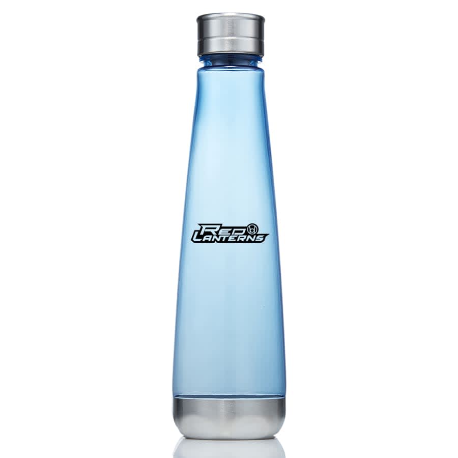 A drink bottle made of clear Tritan material, featuring a sleek blue design and a metallic silver lid.